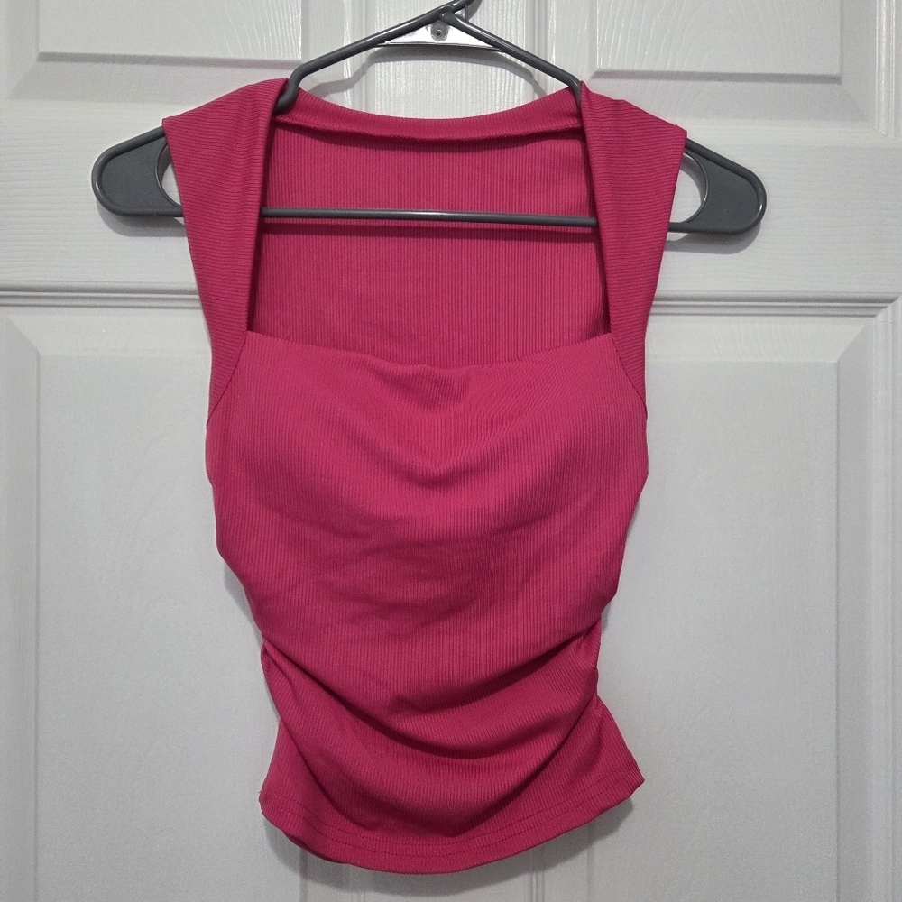 Women Hot Pink Square Neck Fitted Ruched Cropped Tank Top Size XS Summer Spring - Picture 3 of 7